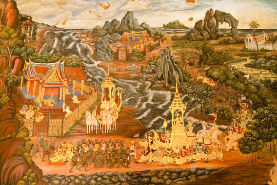 Masterpiece of traditional Thai style painting art on temple wal