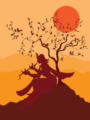 Naklejka premium Shadow Art, Krishna Playing Flute Under Tree