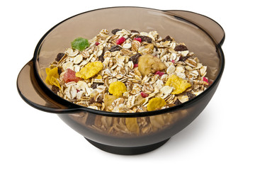 dry cereal in a black bowl