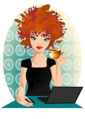 Laptop. Ilustracja kobiety przy komputerze.