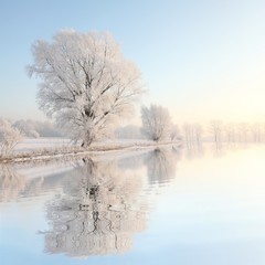 Drzewo zima mroźny przeciw błękitne niebo z odbiciem w wodzie