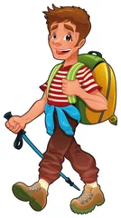 Türaufkleber Trekking boy. Funny vector and cartoon isolated character. © ddraw