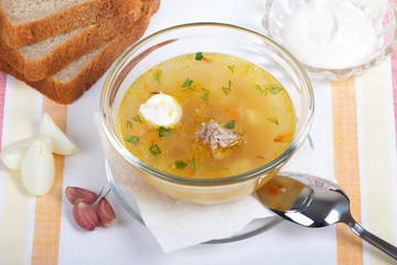 Homemade soup in a glass dish