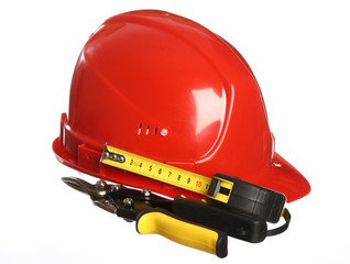Construction equipment: helmet, tape line and snips