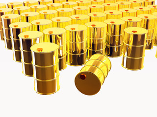 gold reflective barrels on white