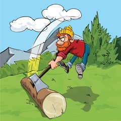 Cartoon lumberjack chopping a huge log © antonbrand
