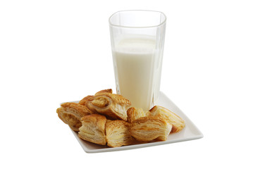 Plate of fresh baked bourekas  with glass of milk
