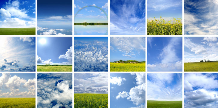 A collage of background images with sky, water and grass