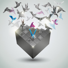 Metamorphosis.Cube is transforming into a flock of birds.