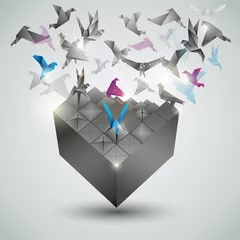 Crédence de cuisine en verre imprimé Animaux géométriques Metamorphosis.Cube se transforme en une volée d& 39 oiseaux.