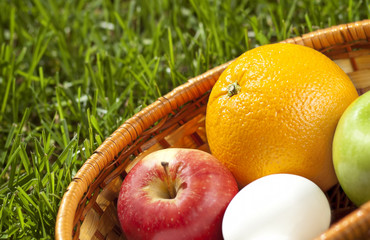 Wicker basket with fruits and eggs on grass