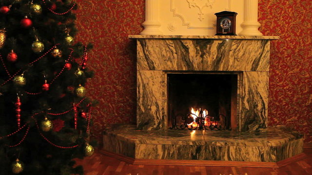 Fireplace with Christmas tree near by