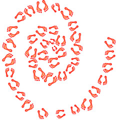 Spiral red footprints on white background