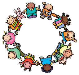 Circle of happy children different races.