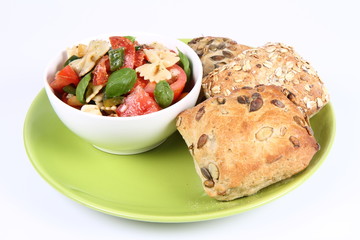 Salad - farfalle, tomato, salami, pepper, mozzarella and rolls