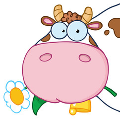 Fototapeta premium Cow Head Cartoon Character Carrying A Flower In Its Mouth