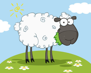 Black Sheep Cartoon Character Eating A Grass On A Hill