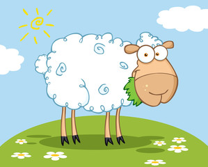 Obraz premium White Sheep Cartoon Character Eating A Grass On A Hill