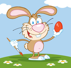 Happy Brown Rabbit Painting Easter Egg Vector Illustration