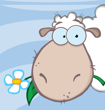 Sheep Head Cartoon Character Carrying A Flower In Its Mouth