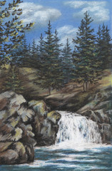 Mountain river with falls