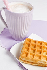 Delicious waffle with cup of cocoa for breakfast