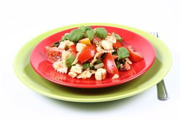 Salad - made of farfalle pasta, tomato, salami and mozzarella