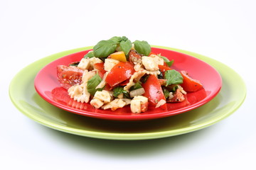 Salad - made of farfalle pasta, tomato, salami and mozzarella