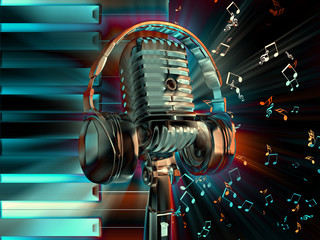 Microphone with headphones on an abstract background