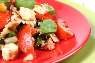 Salad - made of farfalle pasta, tomato, salami and mozzarella