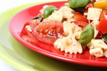 Salad - made of farfalle pasta, tomato, salami and mozzarella