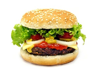 A cheeseburger isolated on a white background