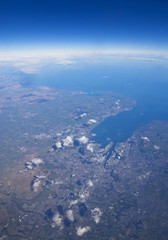 High altitude view of coastline. Belfast, Northern Ireland.