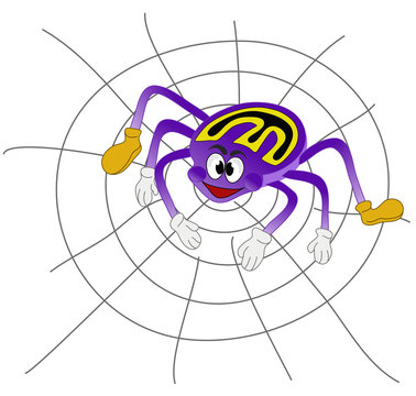 The ugly purple spider hangs on the web. Vector illustration