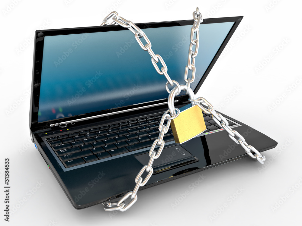 Poster laptop with chains and lock on white isolated background