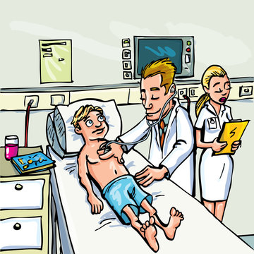 Cartoon doctor attending a young patient