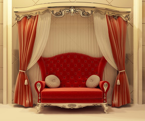 Red velvet curtain and royal sofa