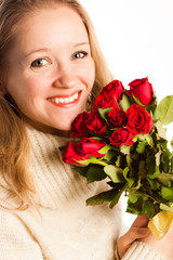 woman with the bouquet of red roses