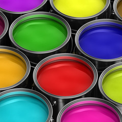 Many paint buckets with different colored paints