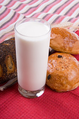 Glass of milk and rolls