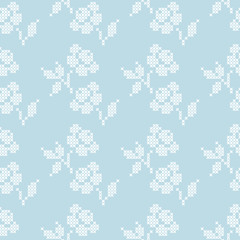 Seamless Pattern Stitch Flower Blue/White