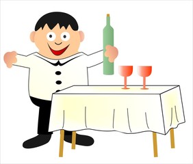 waiter and dining table, vector funny illustration