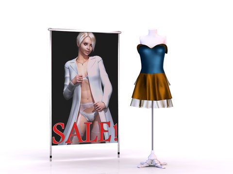 Verkaufsplakat und Kleiderpuppe mit Kleid