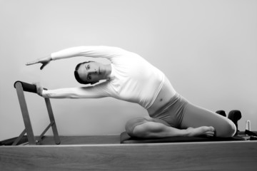 black and white pilates woman sport fitness portrait - obrazy, fototapety, plakaty