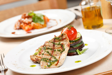 Grilled steak meat with vegetables