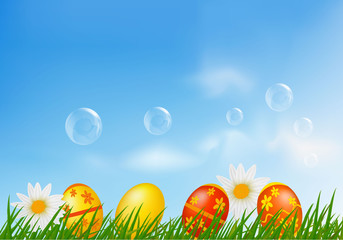Easter eggs and chickens on green grass. Vector