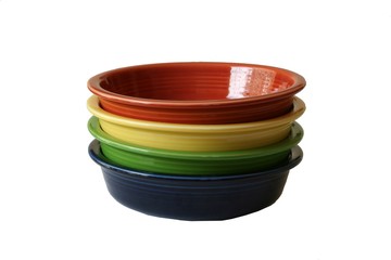 Four stacked colorful bowls