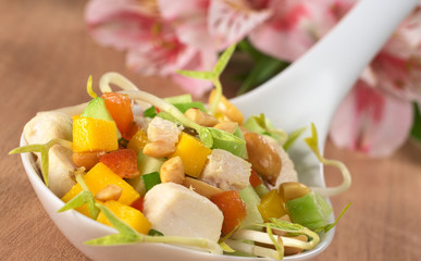 Fresh Asian salad with chicken on spoon