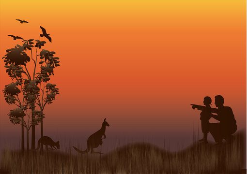 father and son and kangaroo sunset