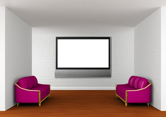 gallery's hall with purple couches and lcd TV